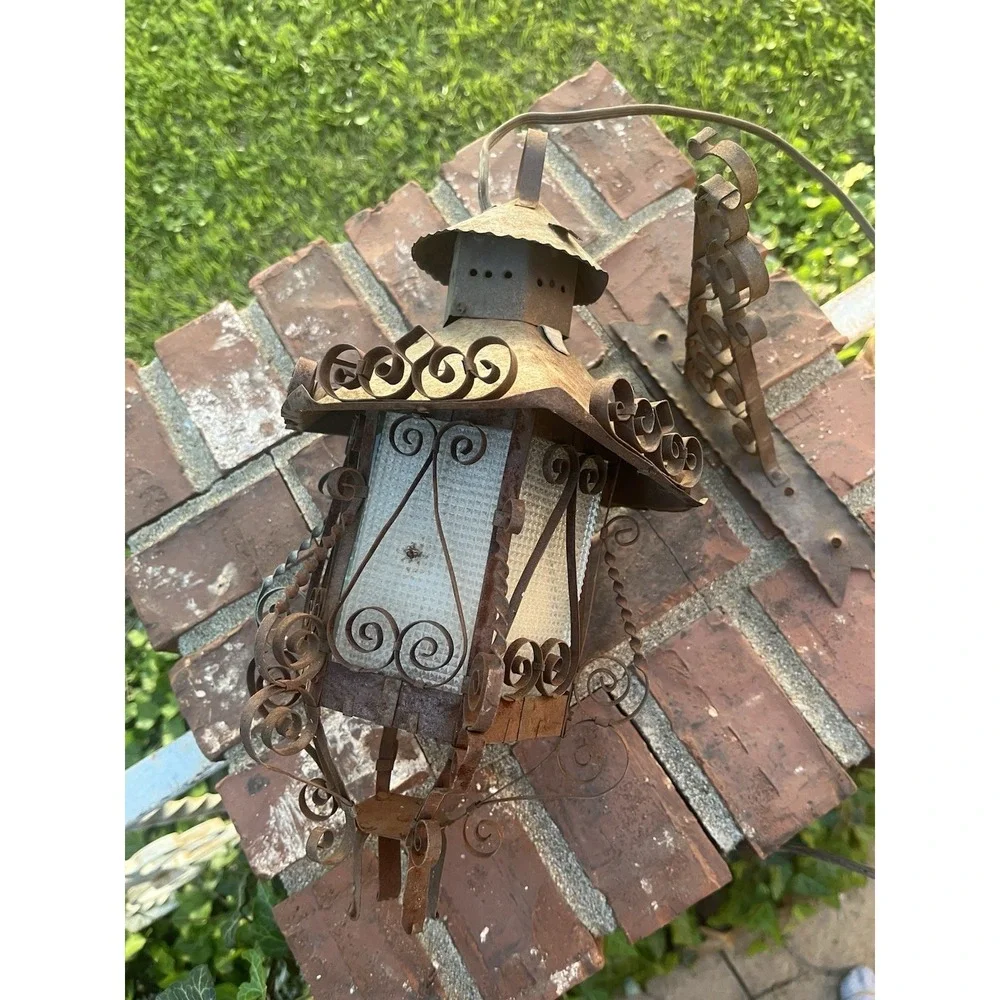 Vintage Spanish Revival Wrought Iron Outdoor Lantern Wall‎ Bracket Scroll Glass